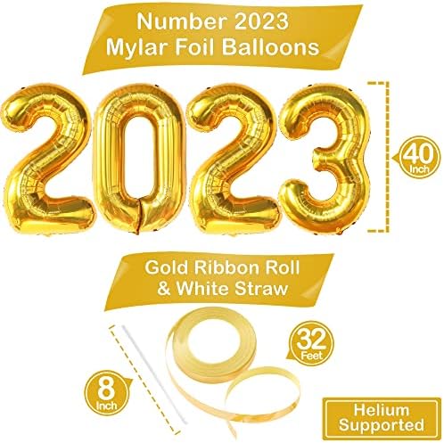 זהב ענק 2023 בלוני סיום סיום - 40 אינץ 'עם עיצוב באנר סיום אדום - 72x44 אינץ' | באנר סיום לקישוטים למסיבות סיום 2023 | תפאורת סיום 2023,